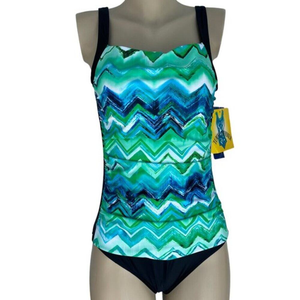 Ceeb Key Largo Faux Tankini Chevron Stripe Green Swimsuit Sz 10 C/D Cup